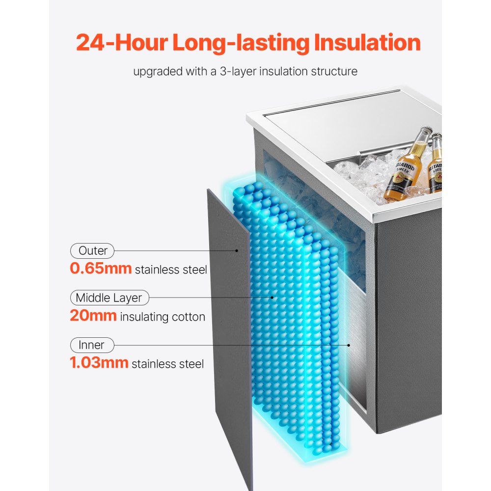 Chladicí box VEVOR, 455 x 305 x 385 mm (D x Š x V), nerezová ocel, komerční nádoba na led o objemu 27,1 l s posuvným víkem pro venkovní použití, sada odtokových trubek součástí balení, na studené víno a pivo - miniatura 3