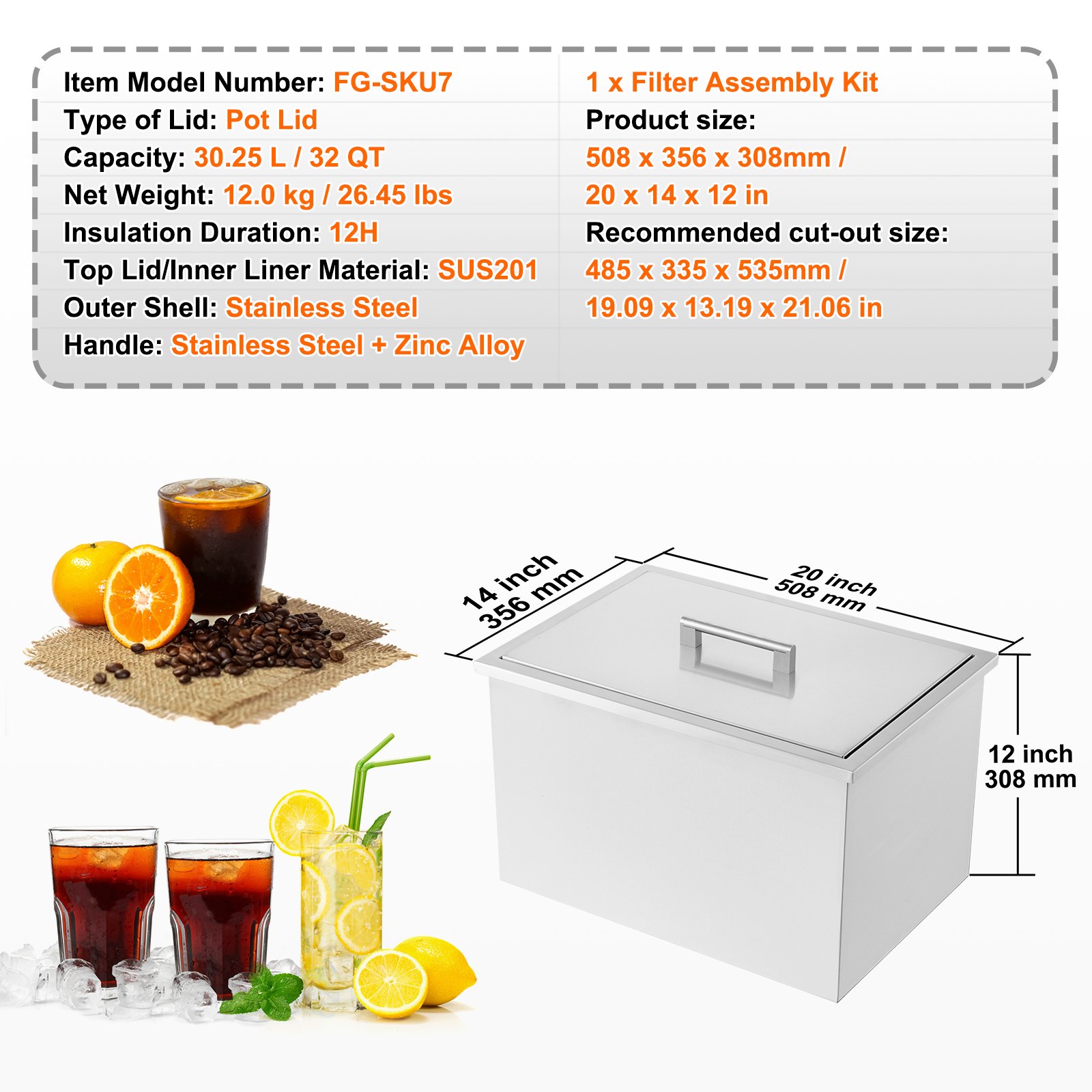 VEVOR 32 Quart Drop in Ice Chest Ice Cooler Ice Bin Stainless Steel 20 ...