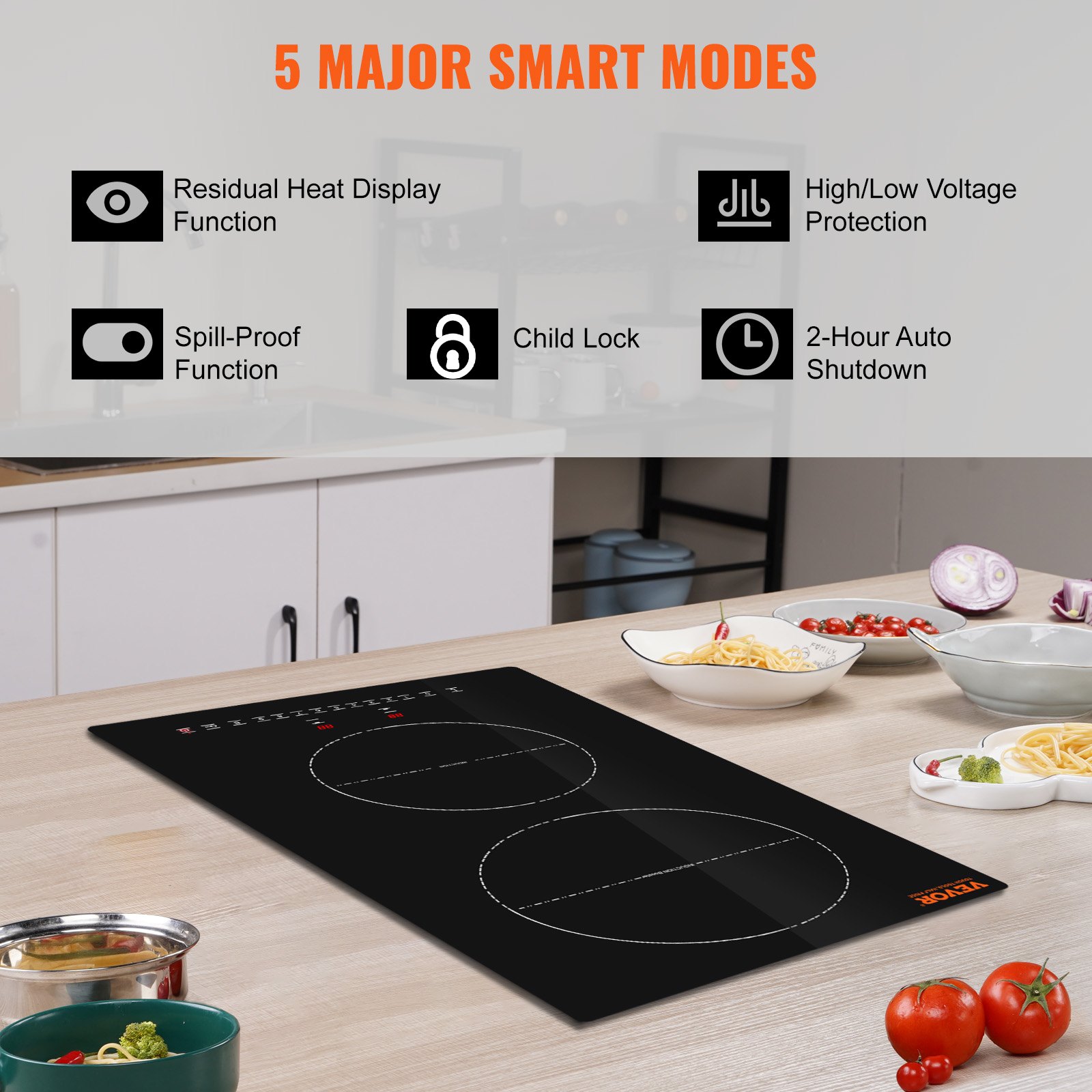 VEVOR Electric Cooktop, 2 Burners, 12'' Induction Stove Top, Built-in ...