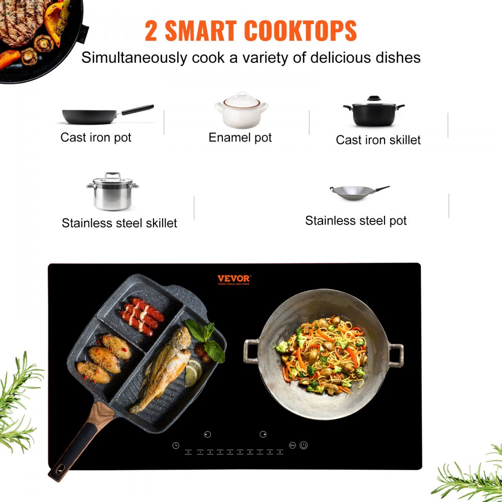 VEVOR Electric Cooktop, 2 Burners, 24'' Induction Stove Top, Built-in ...