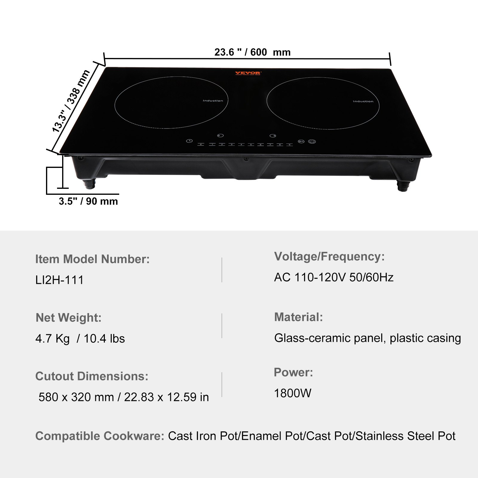 VEVOR Electric Cooktop, 2 Burners, 24'' Induction Stove Top, Built-in ...