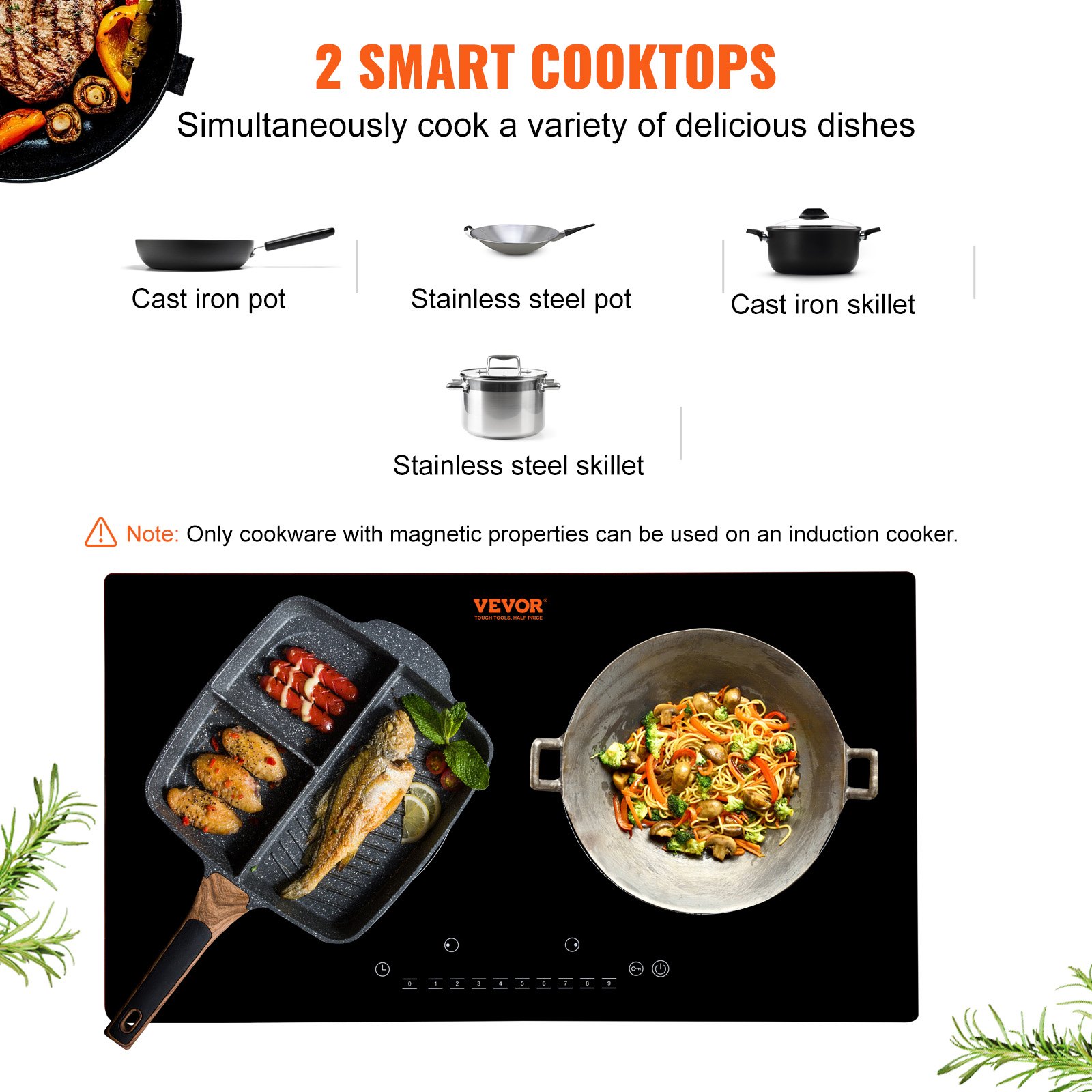 VEVOR Electric Cooktop, 2 Burners, 24'' Induction Stove Top, Built-in ...