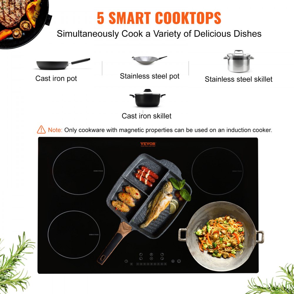 VEVOR Electric Cooktop, 5 Burners, 36'' Induction Stove Top, Built-in  Magnetic Cooktop 9200W, 9 Heating Level Multifunctional Burner, LED Touch  Screen 