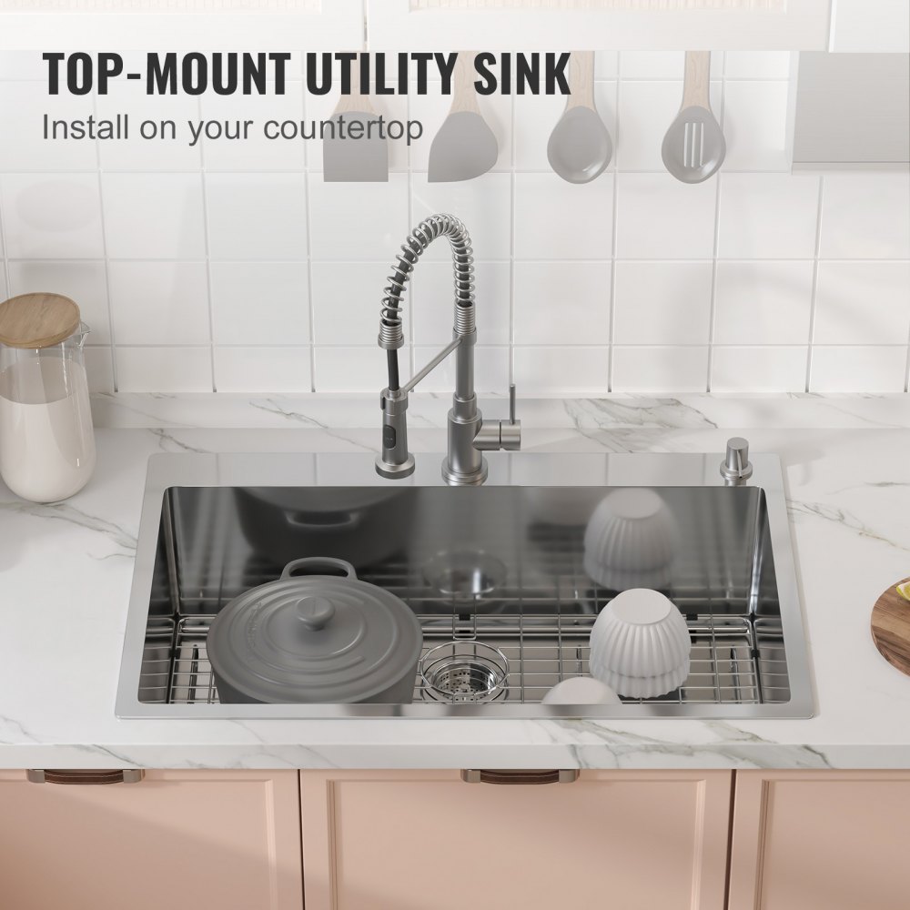 VEVOR Kitchen Sink, 304 Stainless Steel Drop-In Sinks, Top Mount Single ...