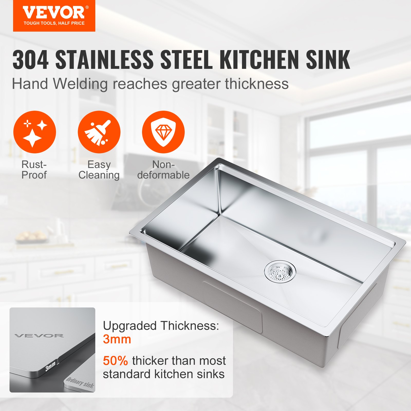 VEVOR Kitchen Sink, 304 Stainless Steel DropIn Sinks, Undermount