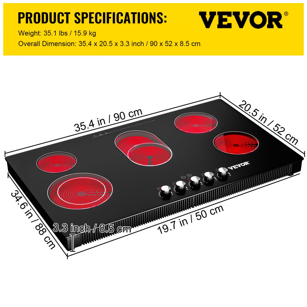 VEVOR Radiant Cooktop with Knob Control, Timer & Child Lock Included, 9