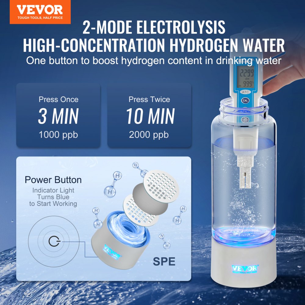 Generátor vodíkových lahví na vodu VEVOR, 380 ml / 13,4 oz Přenosný výrobník vodíkové vody, technologie SPE Ionizátor vody bohatý na vodík s nosní inhalační trubicí a samočištěním - miniatura 2