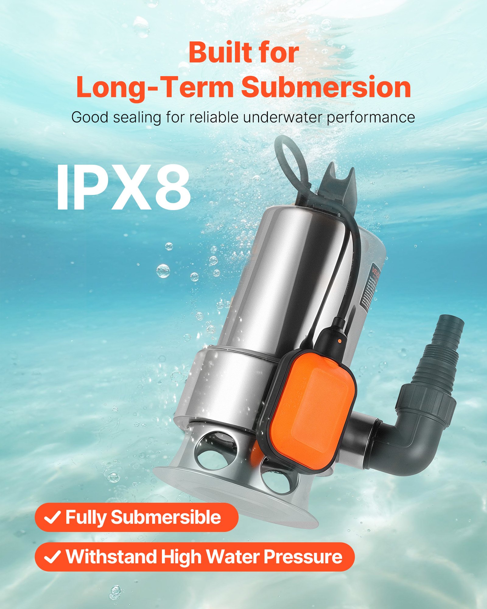 VEVOR 1 HP Submersible Sump Pump – 5500 GPH Stainless Steel, Automatic Float Switch, 30-Foot Max Lift, For Pools, Ponds, & Flooded Areas