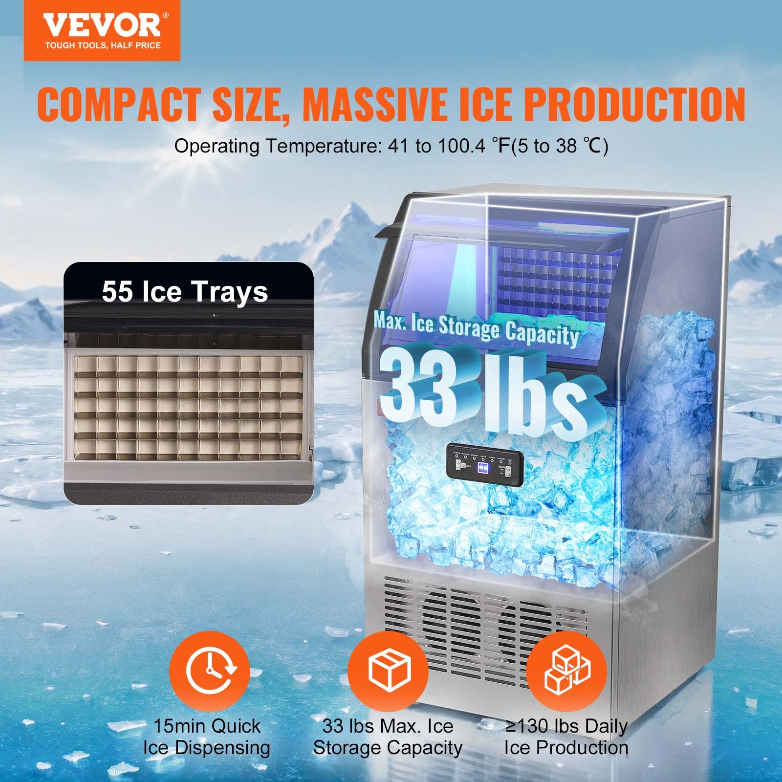 VEVOR Commercial Ice Maker, 130lbs/24H, Ice Maker Machine, 55 Ice Cubes