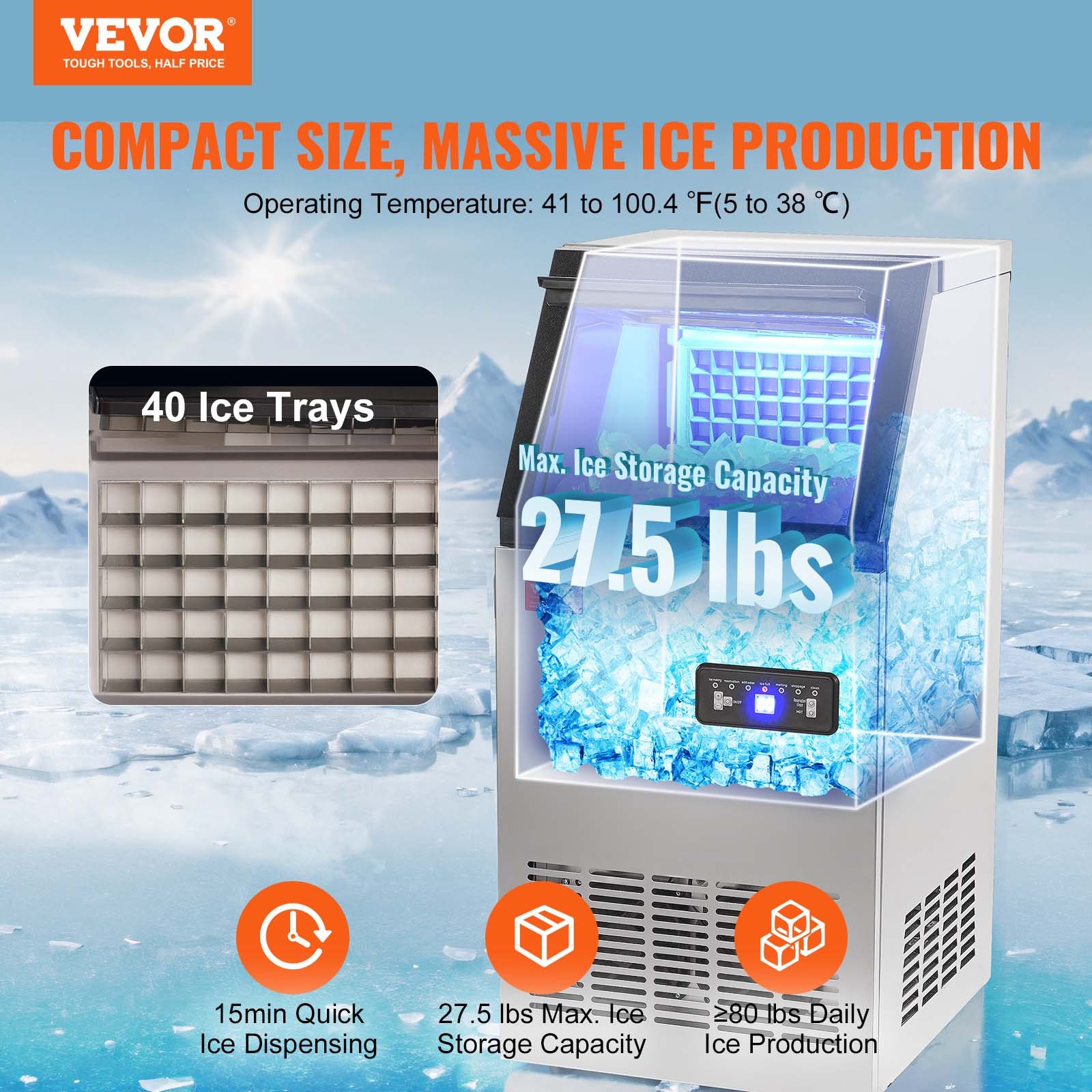 VEVOR Commercial Ice Maker, 80lbs/24H, Ice Maker Machine, 40 Ice Cubes