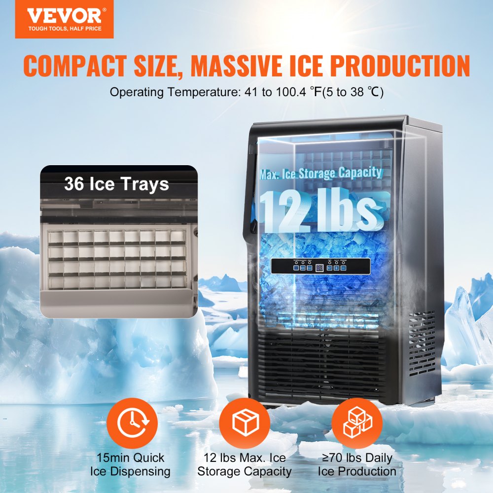 VEVOR Commercial Ice Maker, 70lbs/24H, Ice Maker Machine, 36 Ice Cubes ...