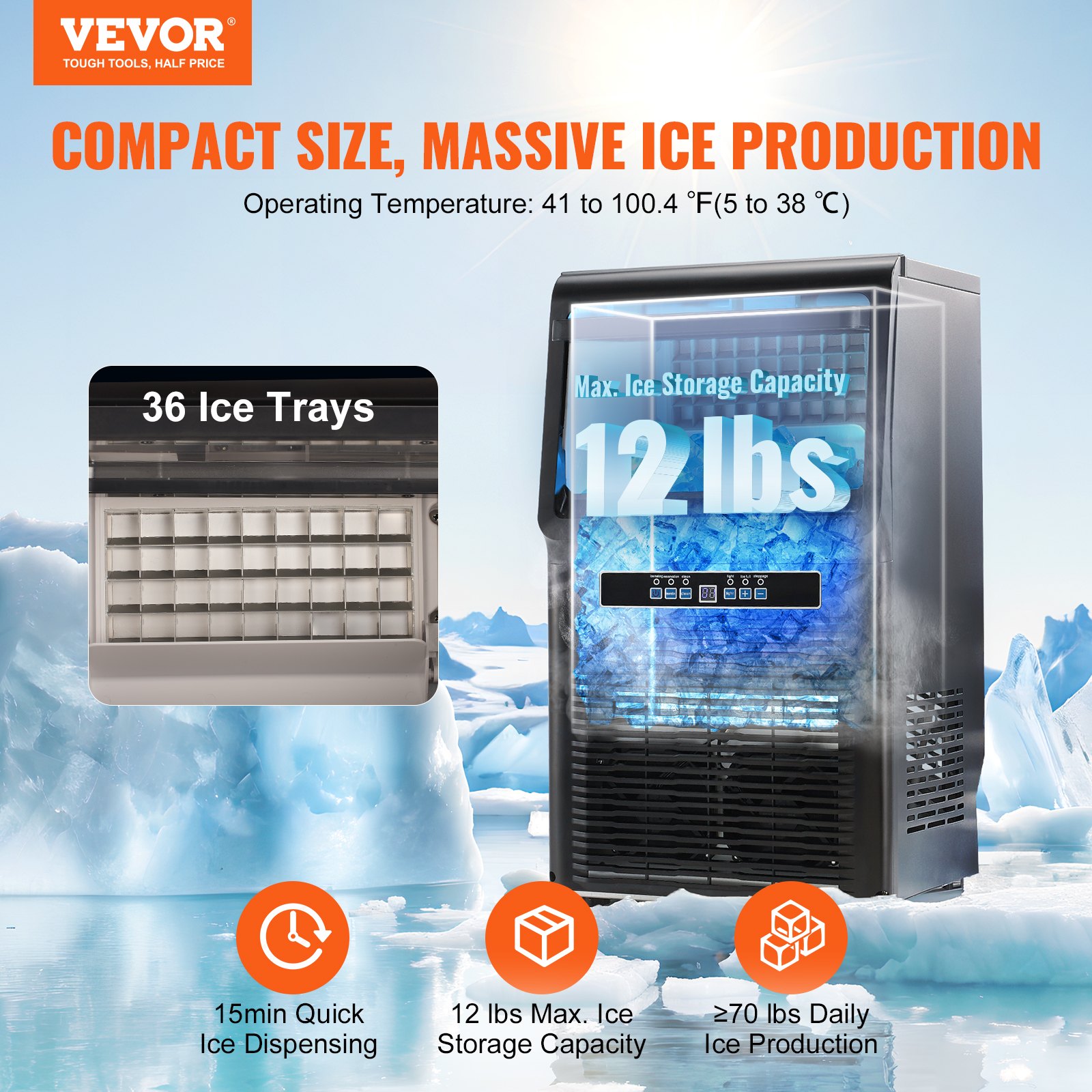 VEVOR Commercial Ice Maker, 70lbs/24H, Ice Maker Machine, 36 Ice Cubes