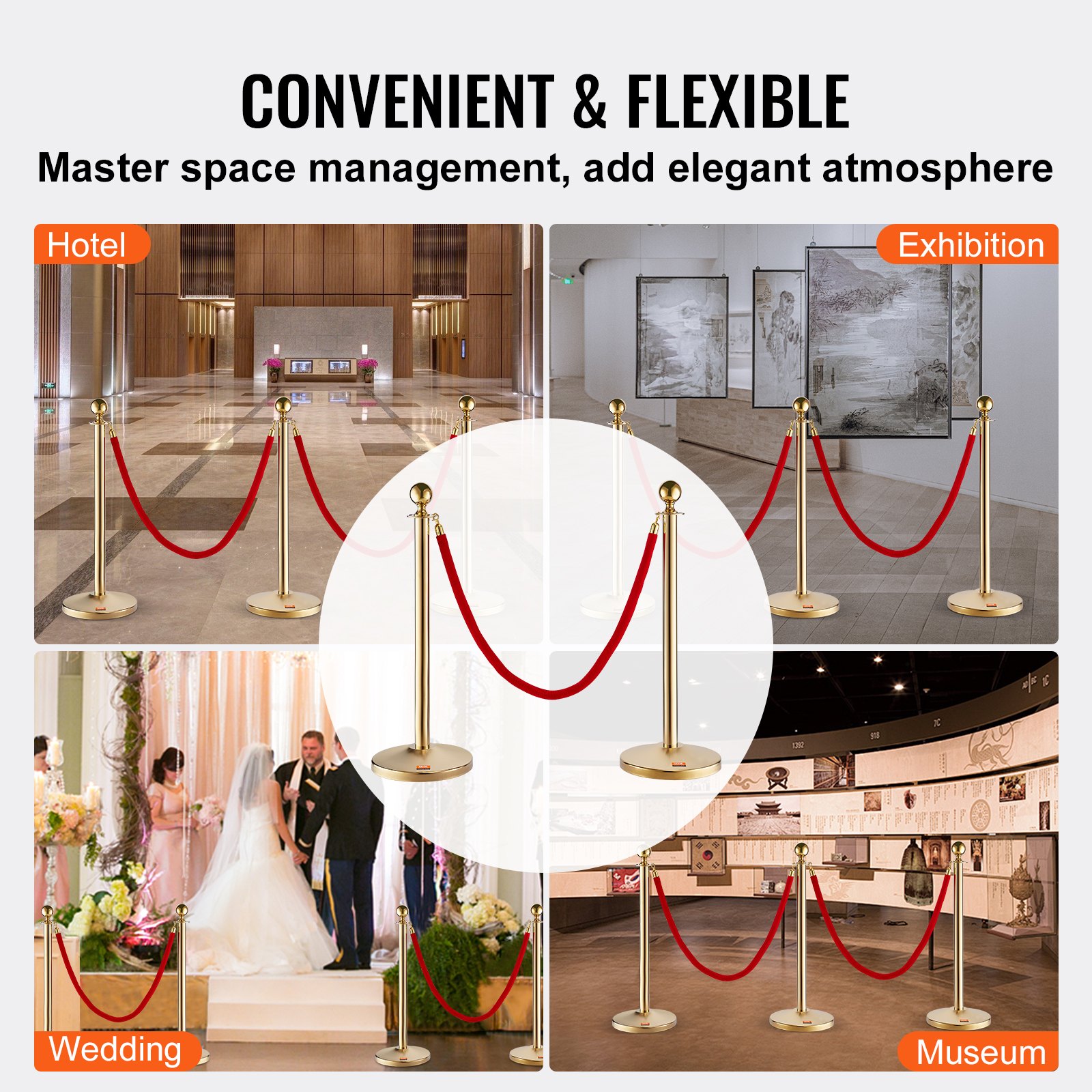 Inside Stanchion Rope VEVOR Stanchion Post with Velvet Rope, 6-Pack Crowd Control Stanchion ...