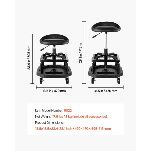 VEVOR Rolling Garage Stool - 300 lbs Load, 360°, 21.7-27.6In