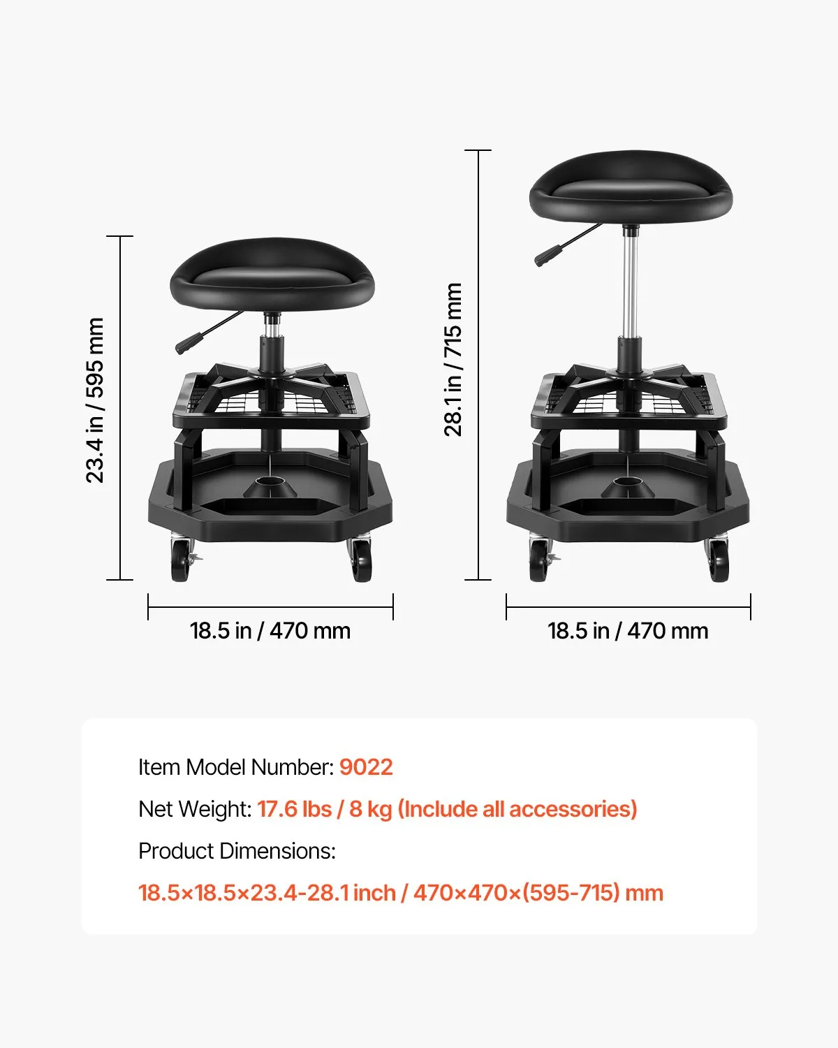 VEVOR Rolling Shop Stool, Pneumatic Garage Seat/Work Stool with 300 lbs ...