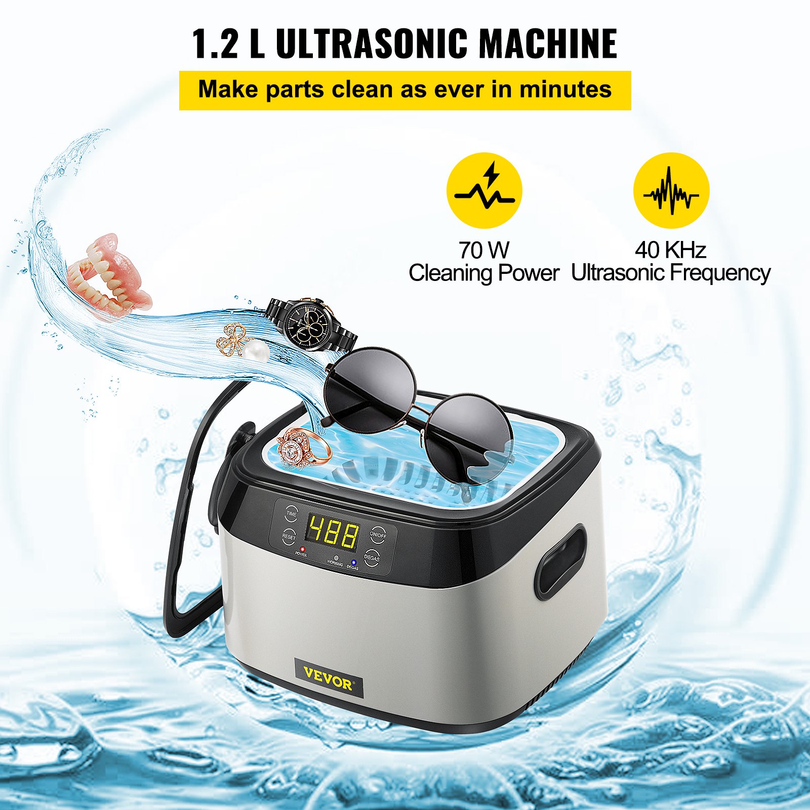 VEVOR Ultrasonic Machine, 1.2L Ultrasound Cleaner Machine, 40KHz Diamond Cleaner, 4 Buttons