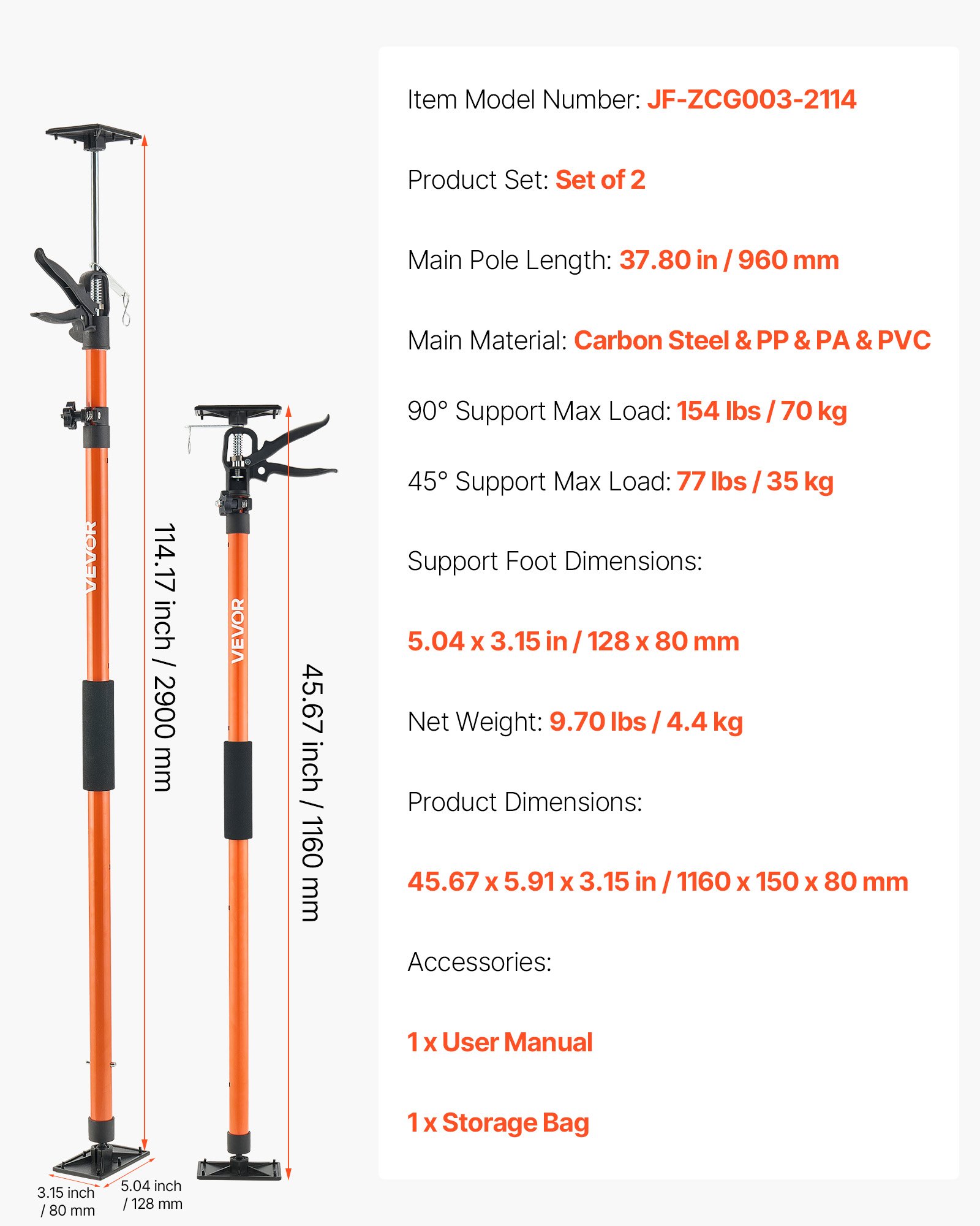 VEVOR Cabinet Jack Support Pole, 2-Pack, 116-290 cm Steel Telescopic ...
