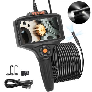 VEVORTripleLensIndustrialEndoscope,5"IPSScreenBorescopeInspectionCamerawithLights,SplitScreen,8xZoom,IP67WaterproofDrainSnakeCameraforAuto,Plumbing(16.5FTCable,32GBCard)