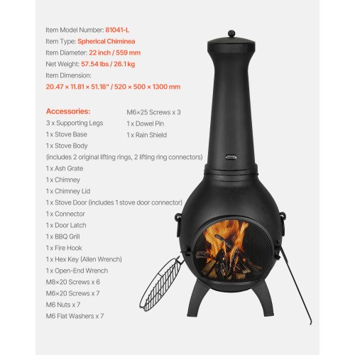 VEVOR Chiminea, 22 Inch Outdoor Wood Burning Firepit, Spherical
