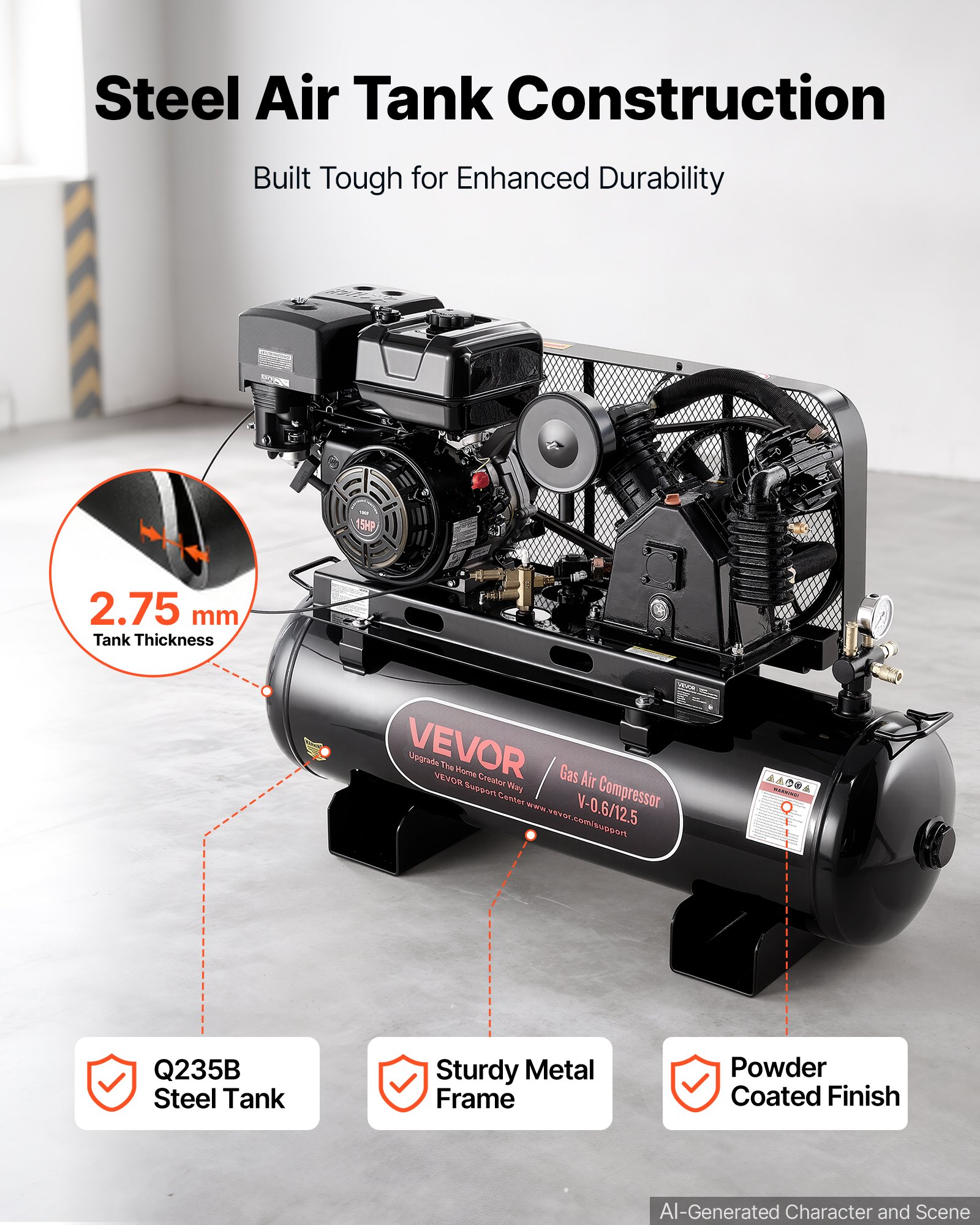 Compressed Qr Code VEVOR 30 Gallon Gas Powered Air Compressor, 15HP 7.65CFM at 90 PSI Air ...