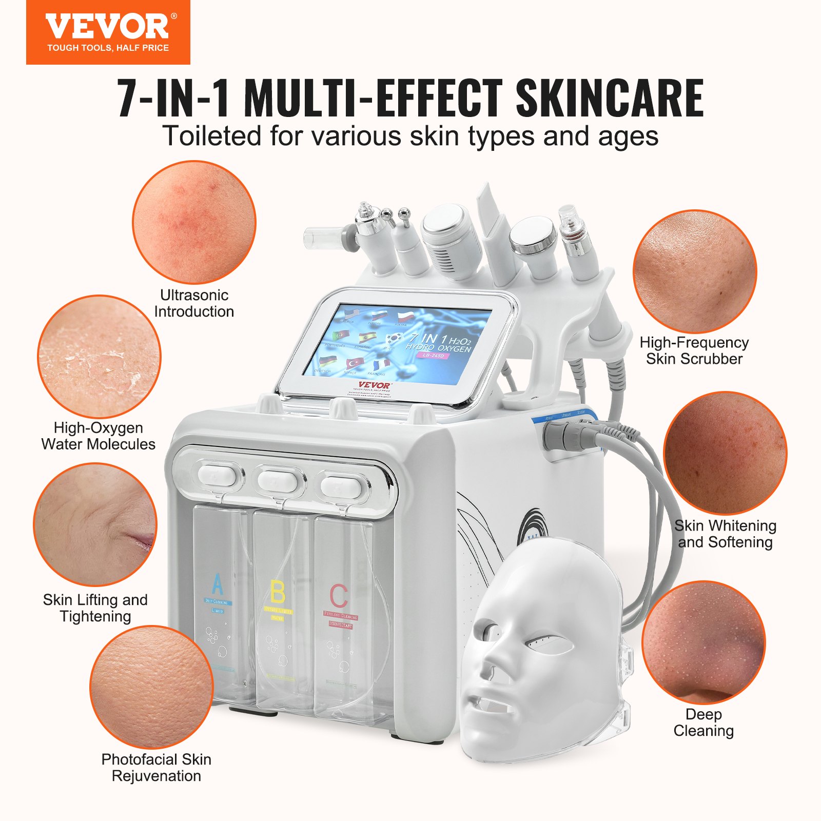 VEVOR 7 in 1 Hydrogen Oxygen Facial Machine, Professional Hydrafacial ...