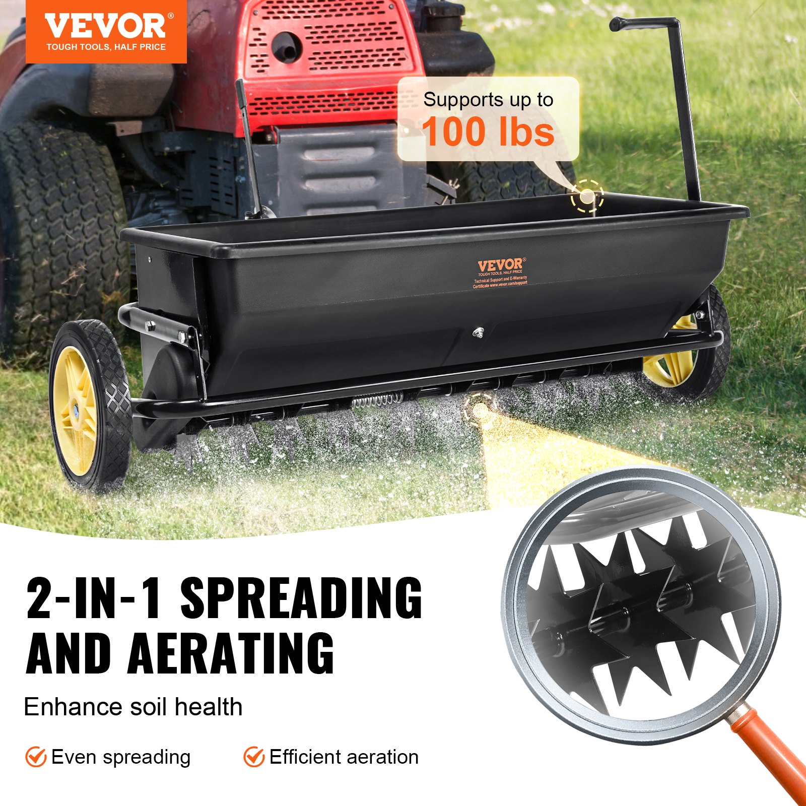 VEVOR Seed Spreader, 100 LB Capacity, Towable Poly Drop Design with 10 ...