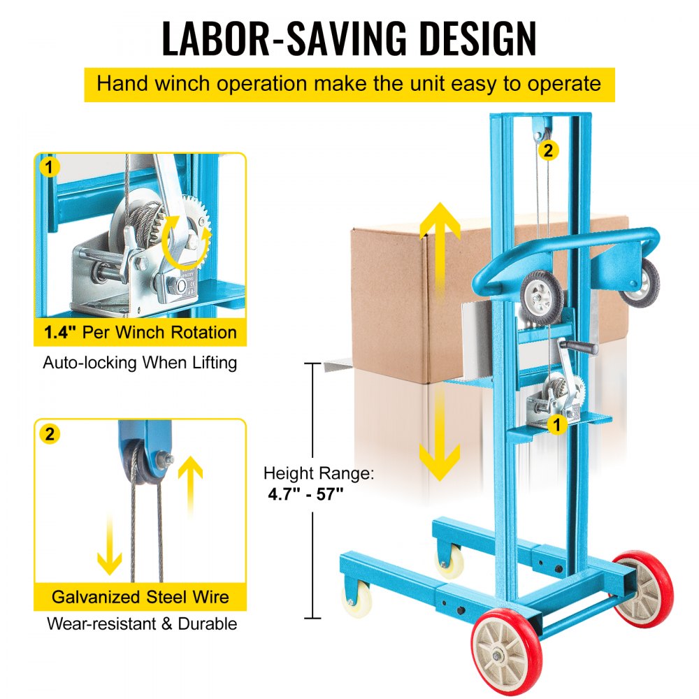 VEVOR Manual Winch Stacker, 4.7" 57" Height Range, 23.6" Length x 19.7" Width Platform, Steel