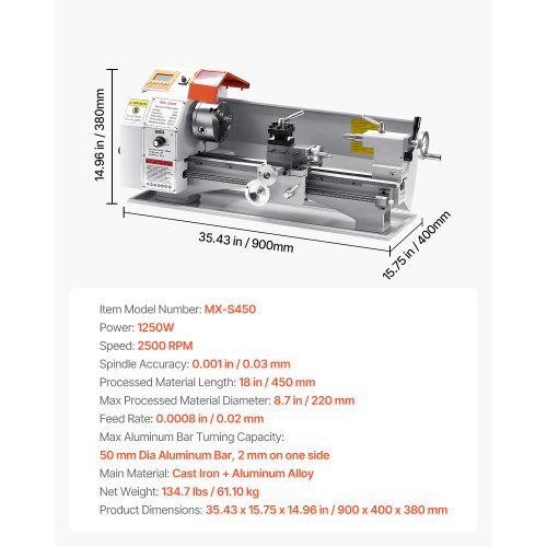 メリルページ VEVOR Metal Lathe Machine, 8.7 x 18 in, Precision Bench Power