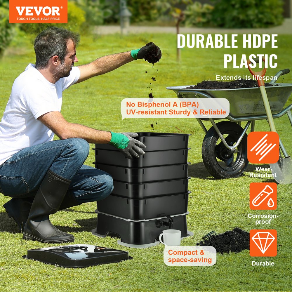 VEVOR 5-Tray Worm Composter, 50 L Worm Compost Bin Outdoor and Indoor ...