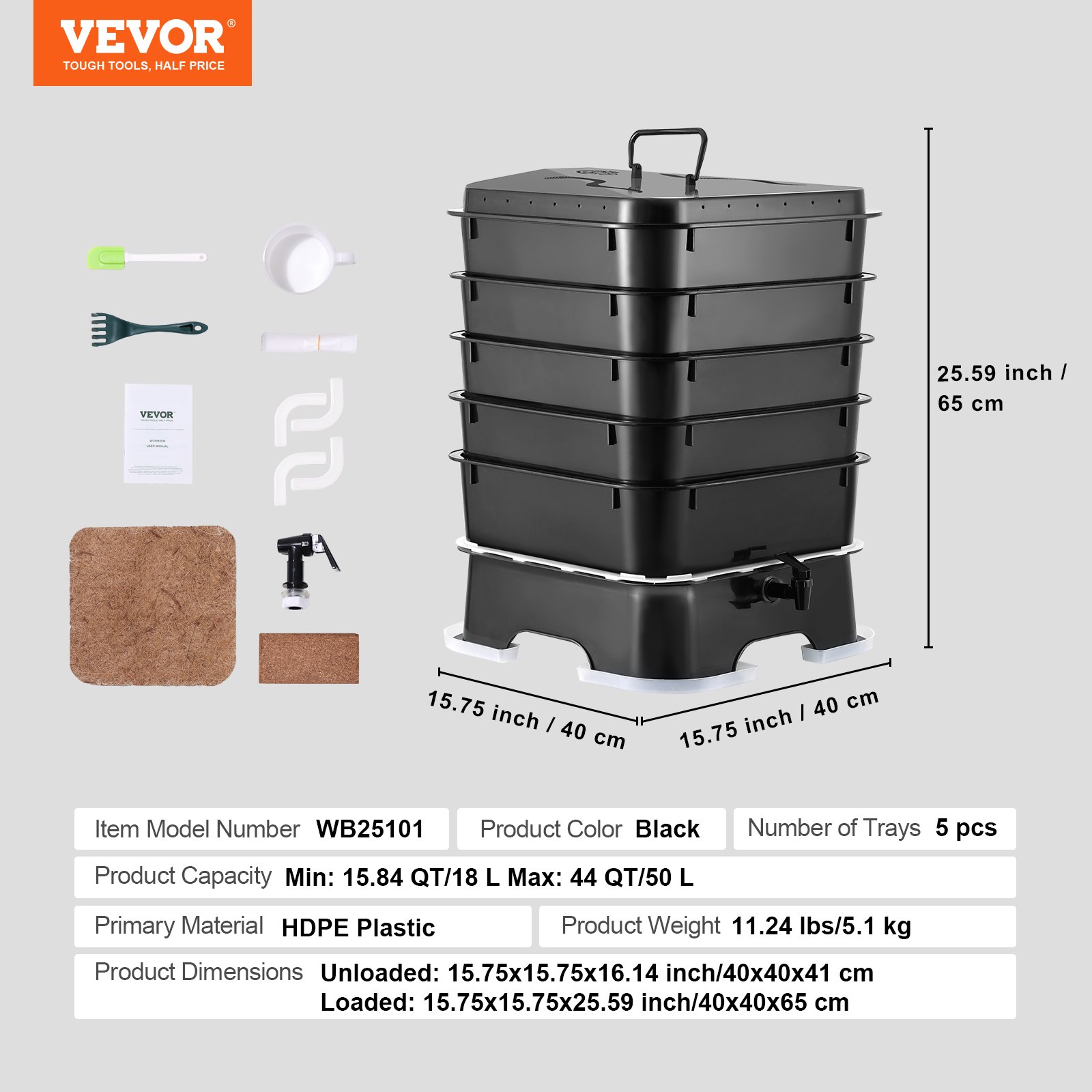 VEVOR 5-Tray Worm Composter, 50 L Worm Compost Bin Outdoor and Indoor ...