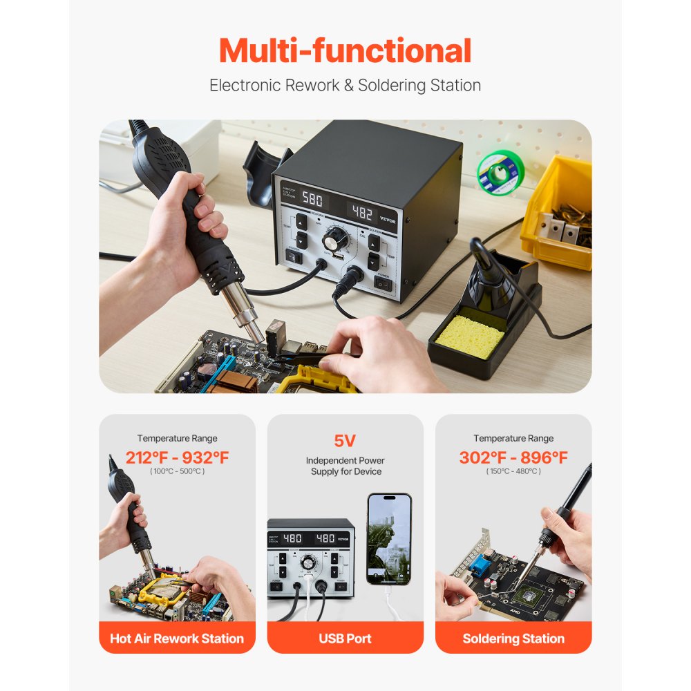 Curated visual reference: Large Quantity Charging Port Rework Reference: Vevor Rework Solder Station 820W 2 In 1 Hot Air