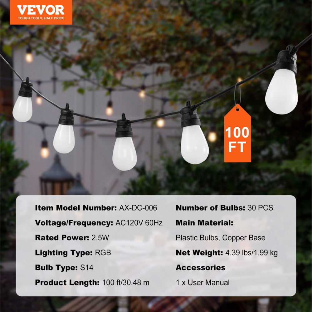 VEVOR Multi Colored Outdoor String Lights – 100FT, 30 Bulbs