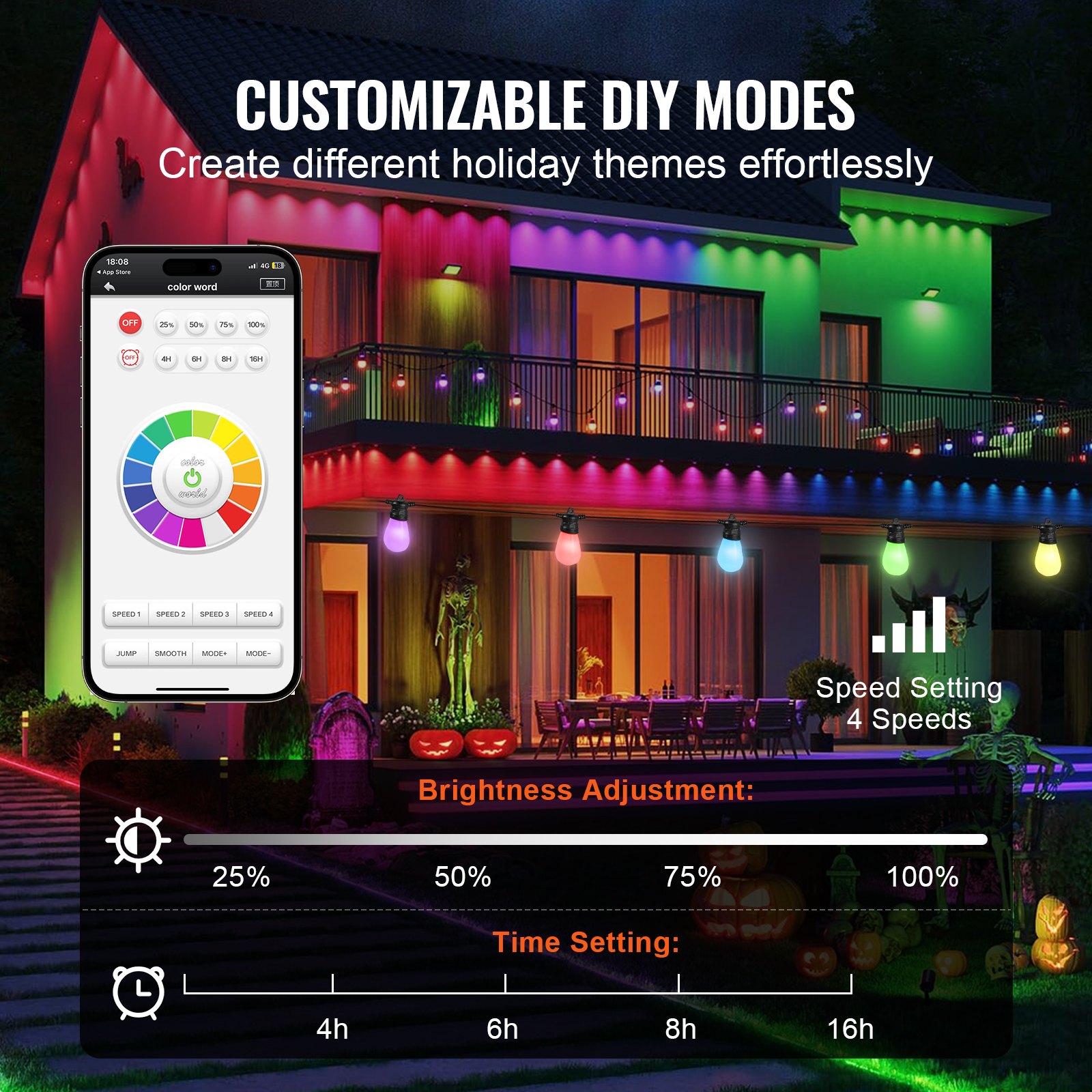 VEVOR Outdoor String Lights with Remote Control – 15 Bulbs