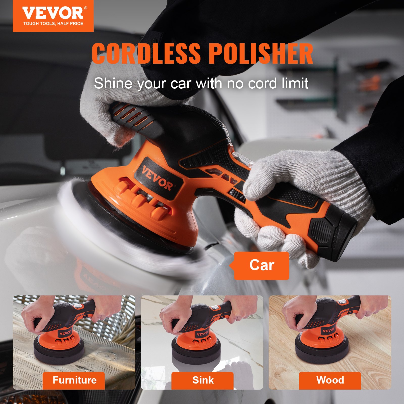 VEVOR Cordless Buffer Polisher, with 1PC 12V 2.0Ah Lithium Batteries, 6 ...
