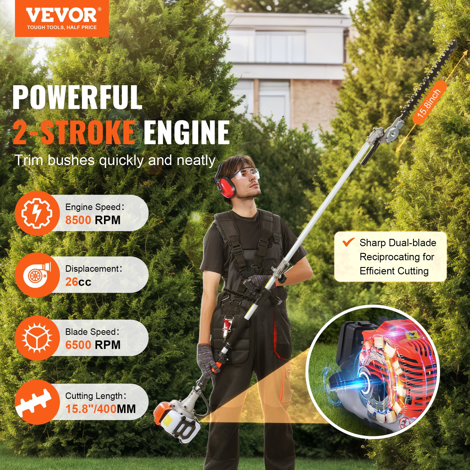 VEVOR 15.7-inch 26CC 2 Cycle Gas Hedge Trimmer, Gas Powered Pole Hedge ...