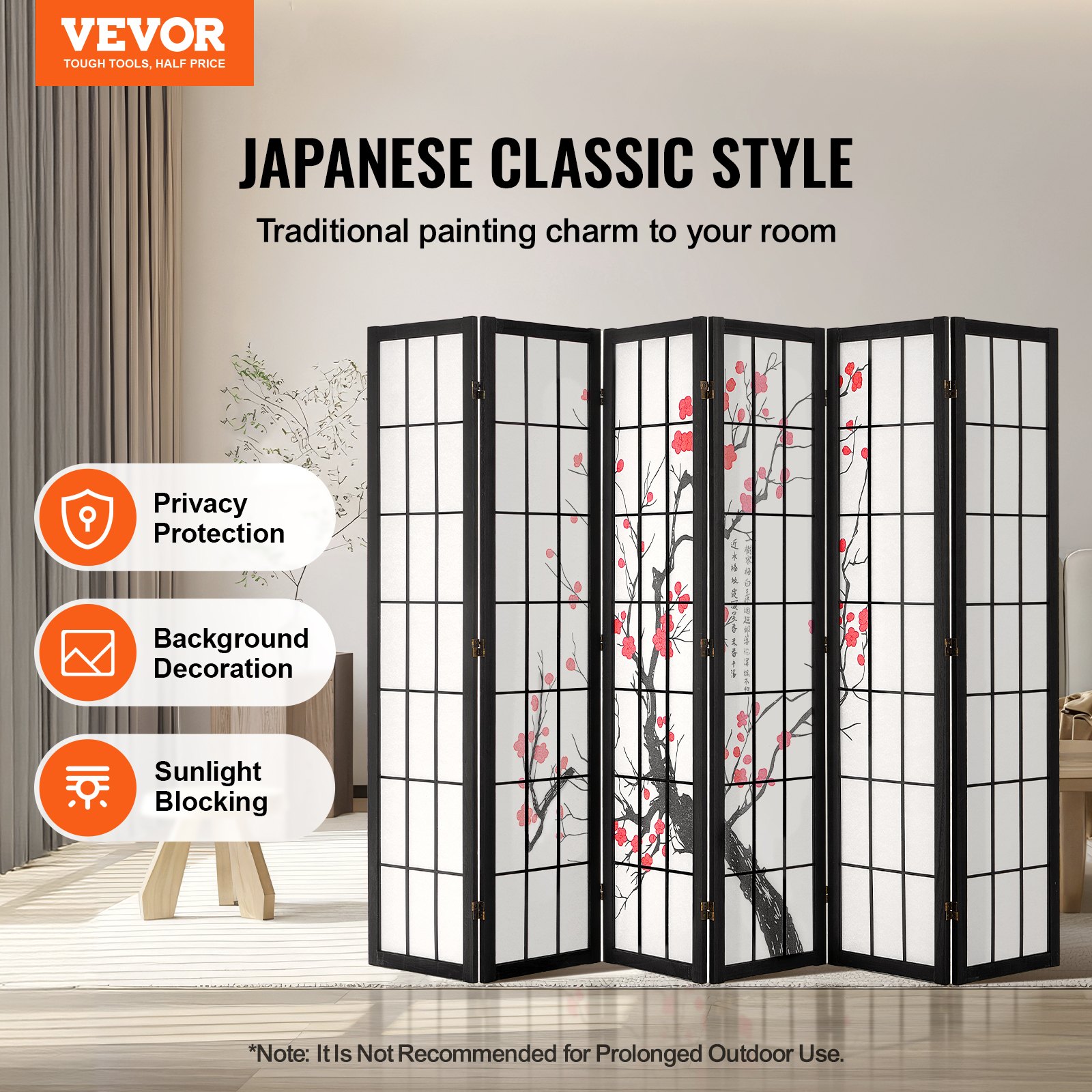 VEVOR Room Divider, 6 Panel Japanese Room Divider Screen, Wood Folding