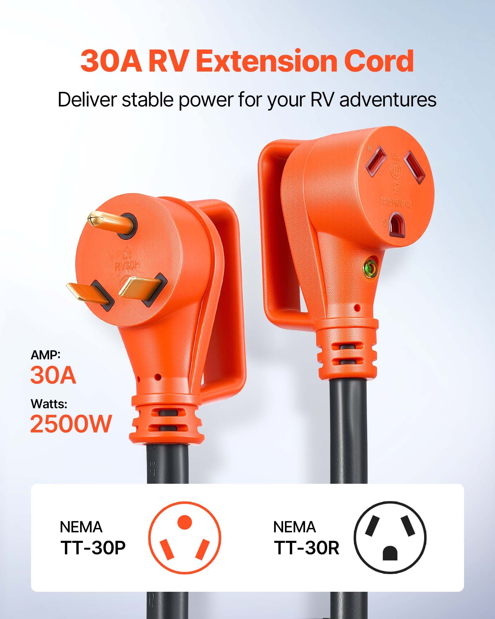 VEVOR Heavy-Duty RV Extension Cord — 75FT 30 Amp ETL Listed