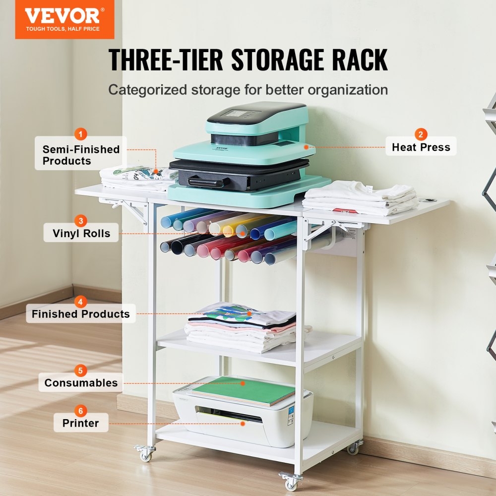 Heat Cutter Table VEVOR Heat Press Table, 3 Tier Movable Heat Press Stand, Foldable Heat ...