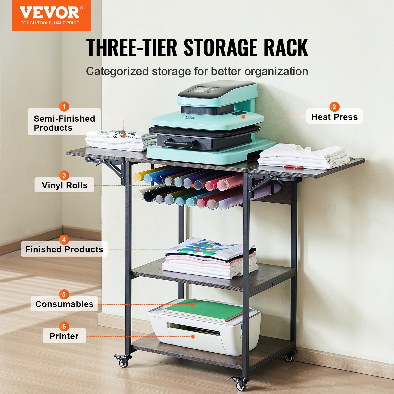 Heat Cutter Table VEVOR Heat Press Stand – 3-Tier Foldable Table with Wheels