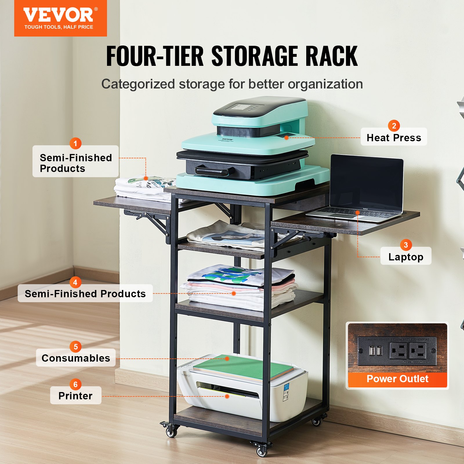 Heat Cutter Table VEVOR Heat Press Table with Charging Station 4 Tier Movable Heat Press ...