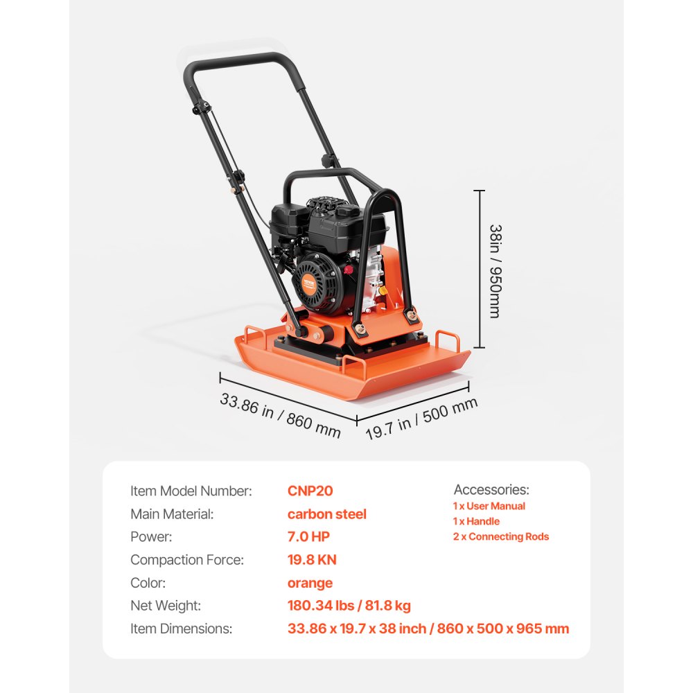 VEVOR 7 HP Plate Compactor – 4451 LBF, 7.0 HP, 5400 RPM