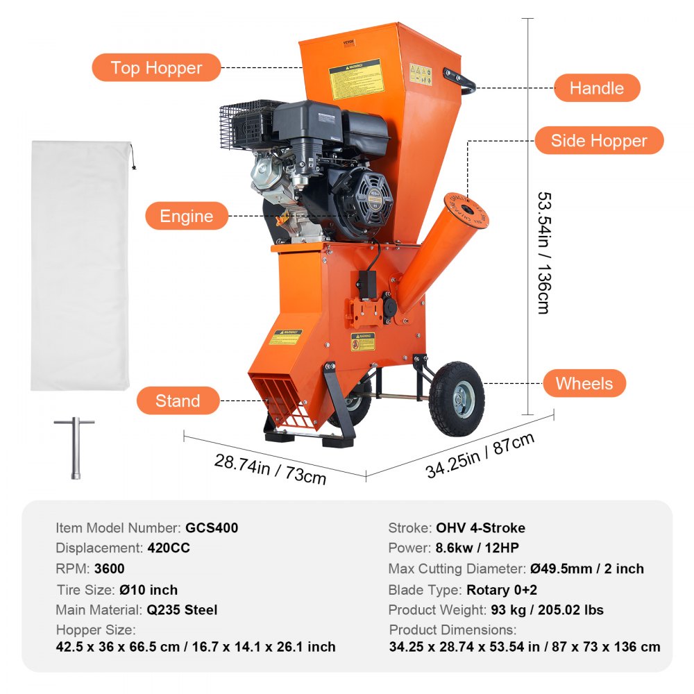 VEVOR Wood Chipper Shredder Mulcher, 12 HP Heavy Duty Gas Powered, 6.7 ...