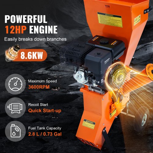 VEVOR Wood Chipper Shredder Mulcher 12 HP HeavyDuty Gas Powered 6.7 ...