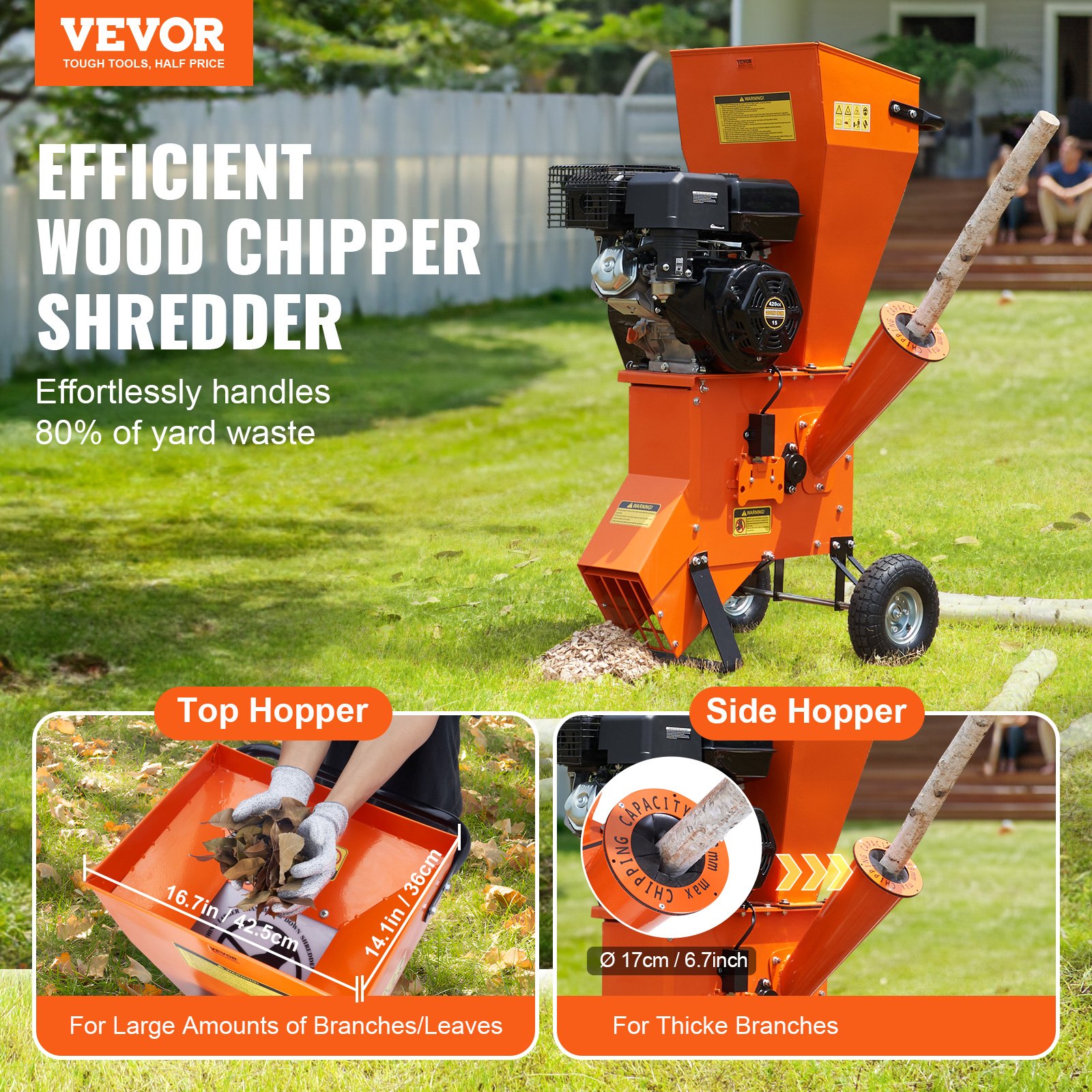 VEVOR Wood Chipper Shredder Mulcher 12 HP HeavyDuty Gas Powered 6.7 ...