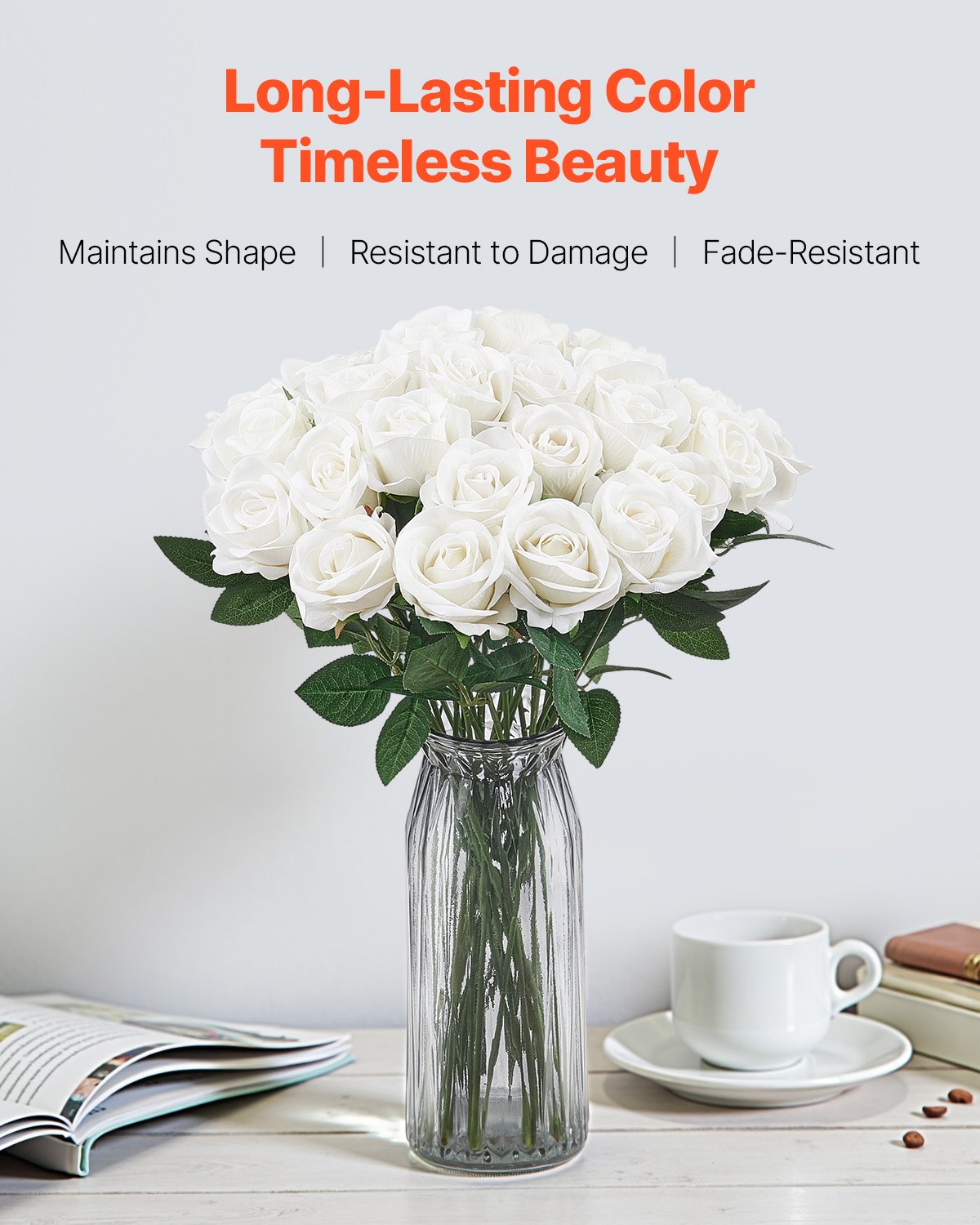 VEVOR White Artificial Roses Bulk – 120 Pcs, 20 Inch