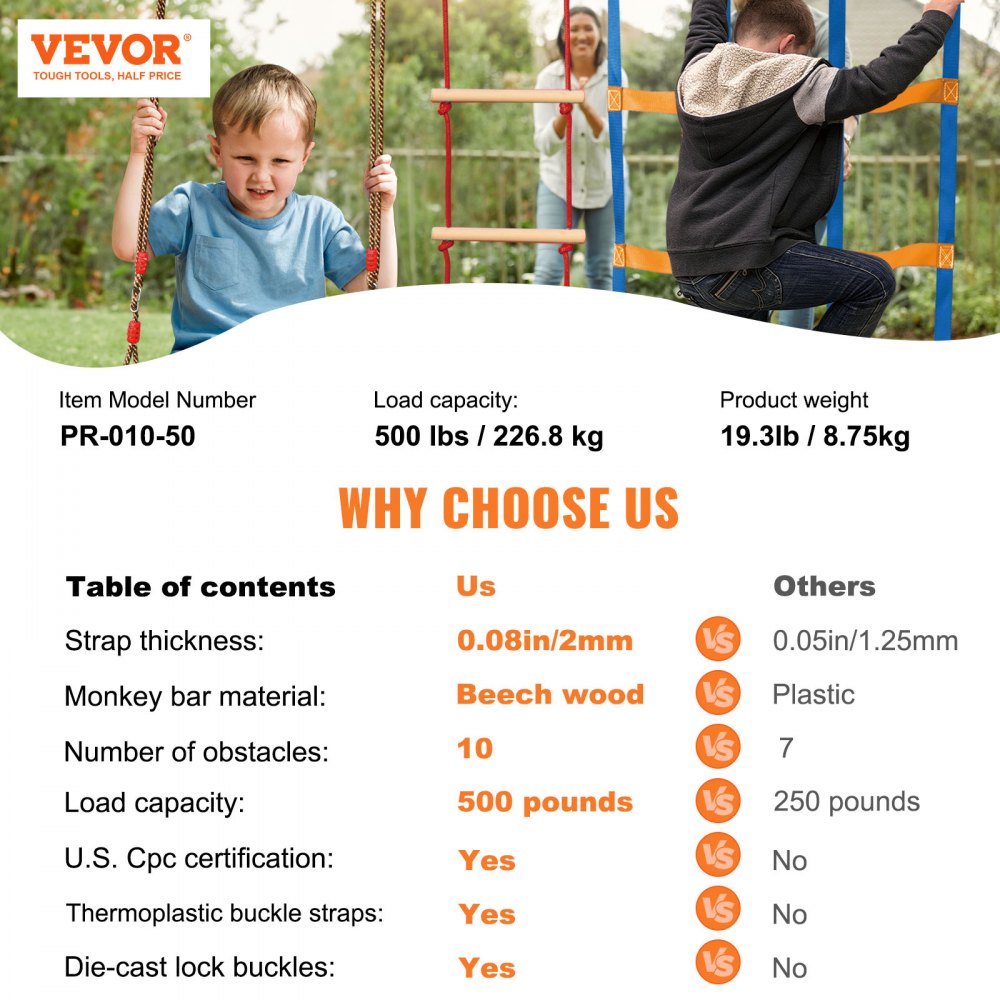 VEVOR Ninja Warrior Obstacle Course for Kids, 2 x 50 ft Weatherproof ...