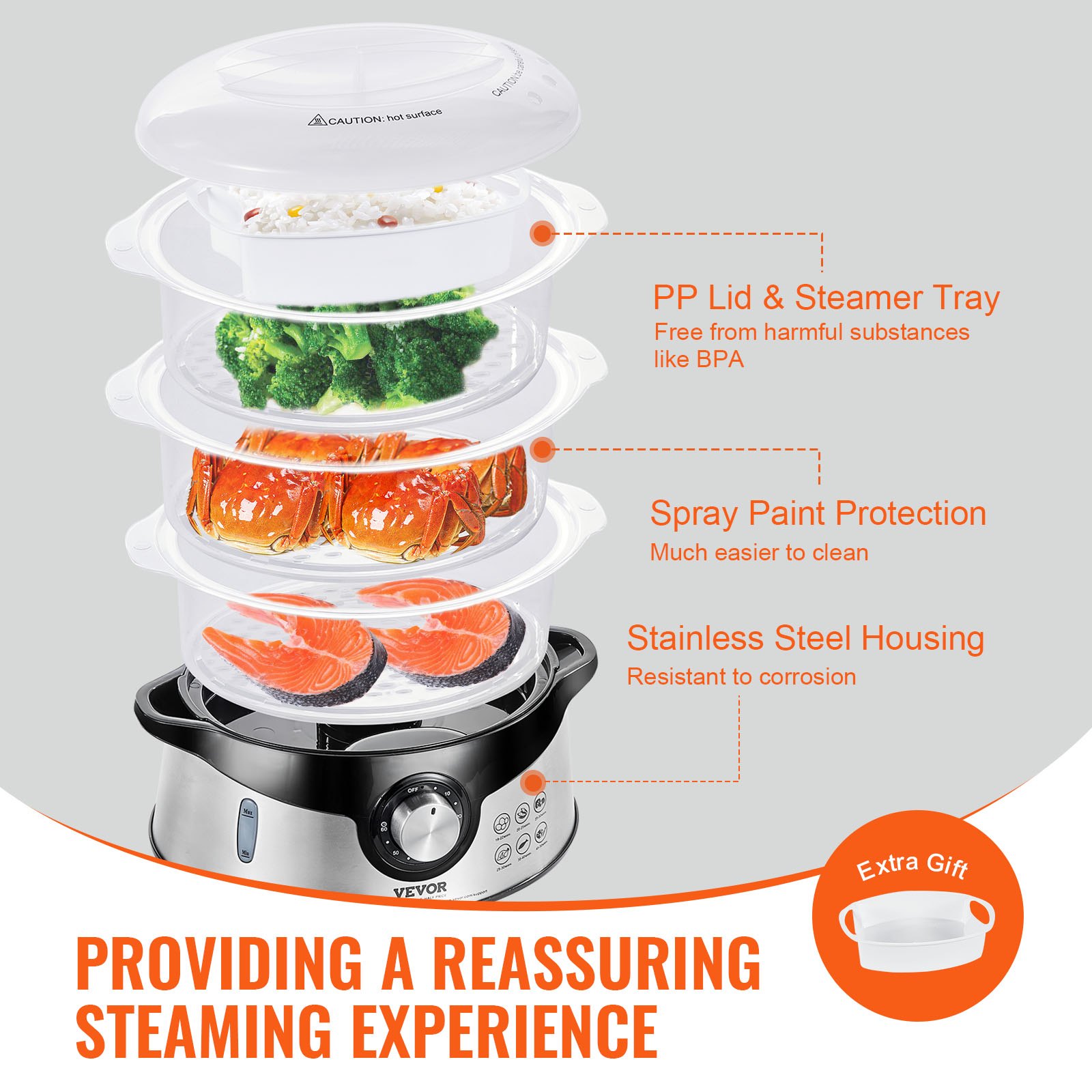 VEVOR Electric Food Steamer, 9.5Qt/9L Electric Vegetable Steamer with 3 ...