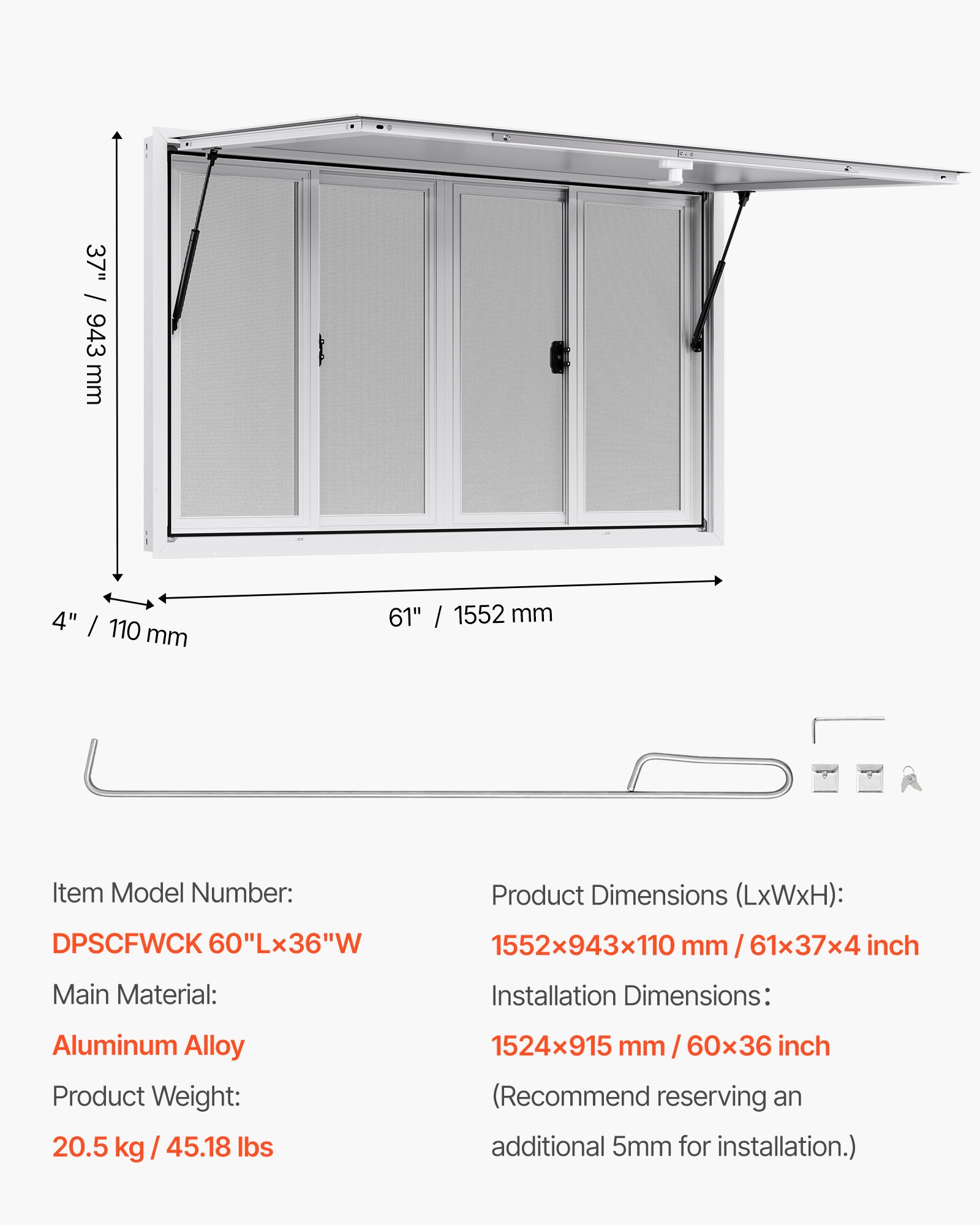 VEVOR Food Truck Serving Window – 60x36 in Frame, 4 Screens