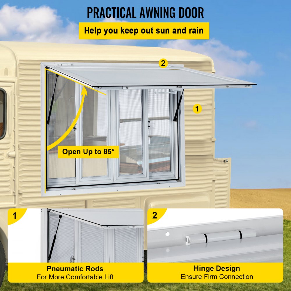 50" X 30" Concession Service Window For Food Truck/Trailer - Aluminum Alloy, 4 Sliding Screens, Awning Door, 80° Max Open