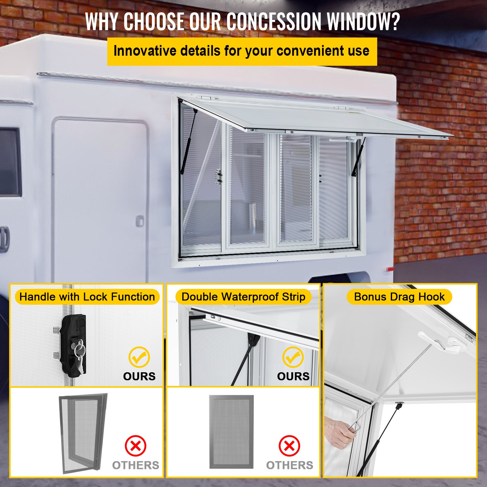 VEVOR Concession Window 36x36 Inch – Aluminum Alloy Service Window With 4 Sliding Panels, Awning, And Dual Hydraulic Rods For Food Trucks & Trailers